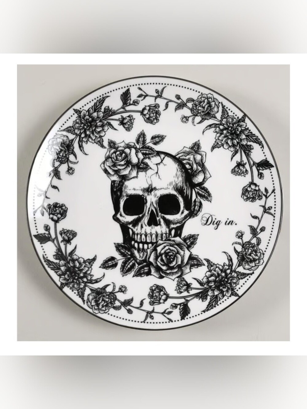 10 Strawberry Street Dig In 8 In Black & White Skull Rose Salad Plate Set Of 4